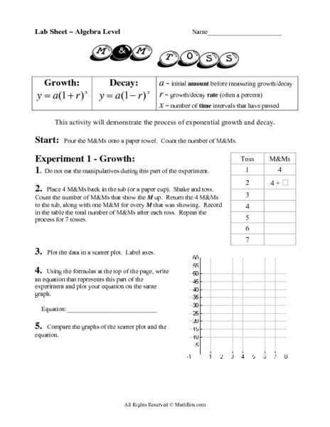 Lab Sheet: Exponential Growth and Decay Worksheet for 8th - 9th Grade